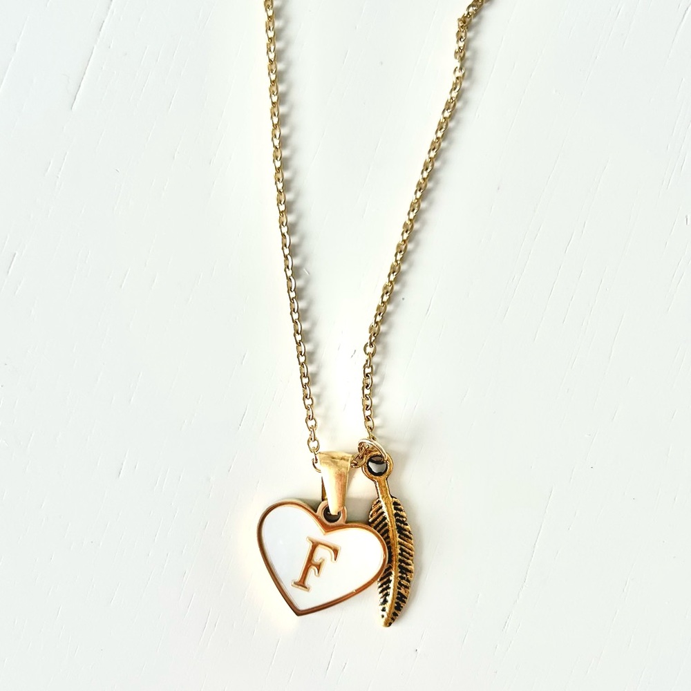 Initial Letter Necklace. F. Gold Heart and Feather 14k Gold Plated
